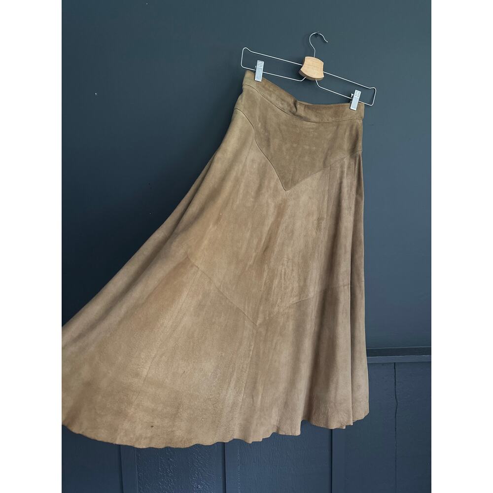 Vintage Tan Western Genuine Leather Lamb Suede Flare High Waist Midi Skirt Sz 8 - Picture 4 of 10